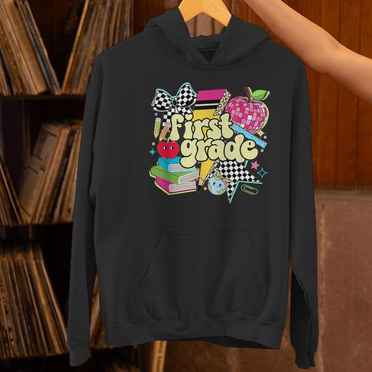 Retro First Grade Teacher Disco Ball Coquette Back To School Women's Hoodie, First Grade Teacher Hoodies, gift for family, gift for coworker Retro First Grade Teacher Disco Ball Coquette Back To School Women's Hoodie, First Grade Teacher Hoodies, gift for family, gift for coworker