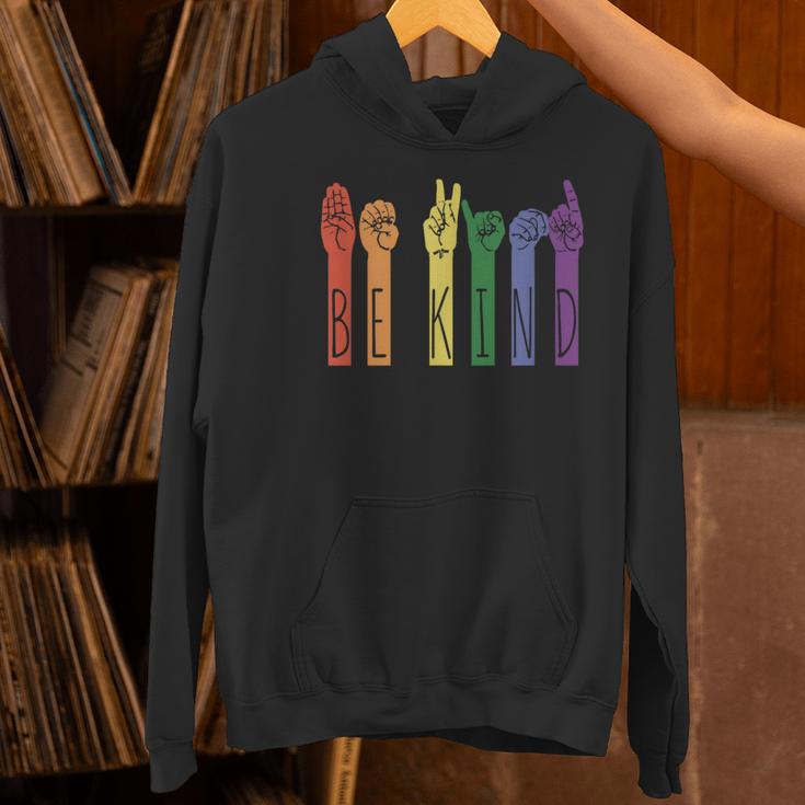 Retro Be Kind ASL Deaf Teacher Sign Language Gay Pride Women's Hoodie, gift for family, gift for coworker
