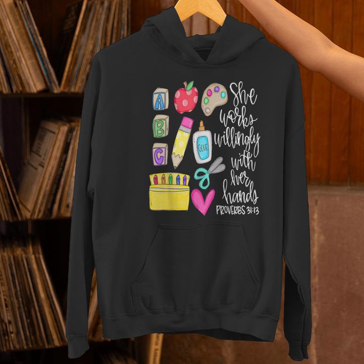 She Works Willingly With Her Hands Proverbs Daycare Teacher Men Women Women's Hoodie, gift for family, gift for coworker She Works Willingly With Her Hands Proverbs Daycare Teacher Men Women Women's Hoodie, gift for family, gift for coworker