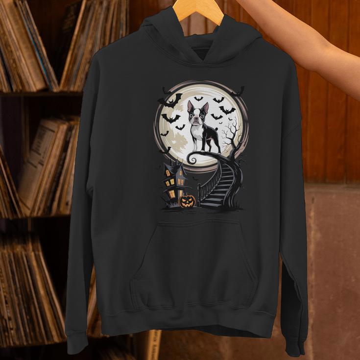 Spooky Halloween Moon Boston Terrier Boston Bull Bostie Women's Hoodie, Boston Terrier Halloween Hoodies, gift for family, gift for coworker
