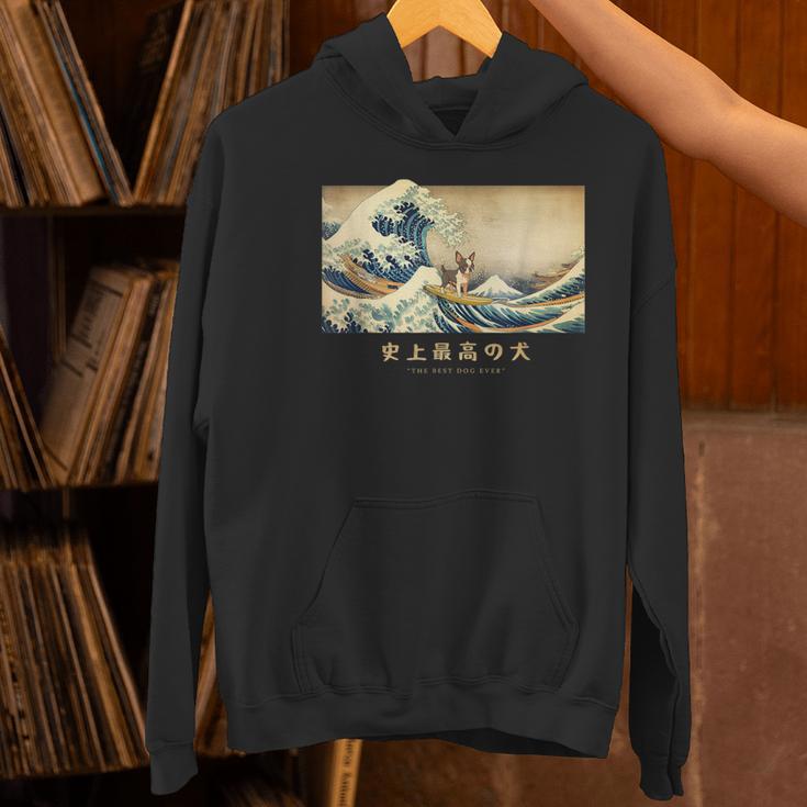 Surfing Boston Terrier Kanagawa Wave Japanese Dog For Men Women Kids Women's Hoodie, gift for family, gift for coworker