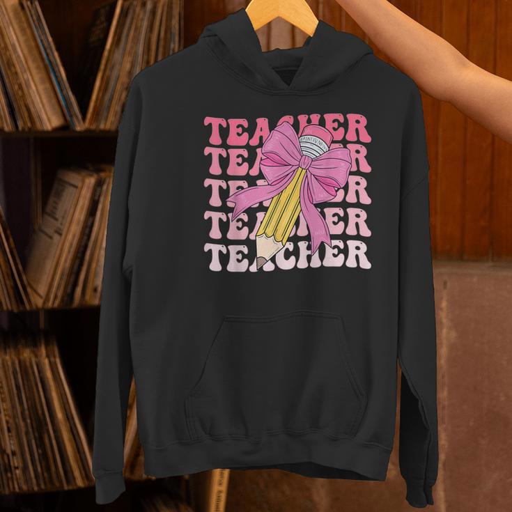 Teacher Pencil Back To School Groovy Pink Teacher First Day Women's Hoodie, Groovy Teacher Hoodies, gift for family, gift for coworker Teacher Pencil Back To School Groovy Pink Teacher First Day Women's Hoodie, Groovy Teacher Hoodies, gift for family, gift for coworker