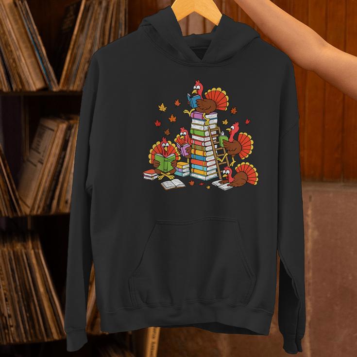 Turkey Reading Books Fall Thanksgiving Teacher Librarian Women's Hoodie, gift for family, gift for coworker
