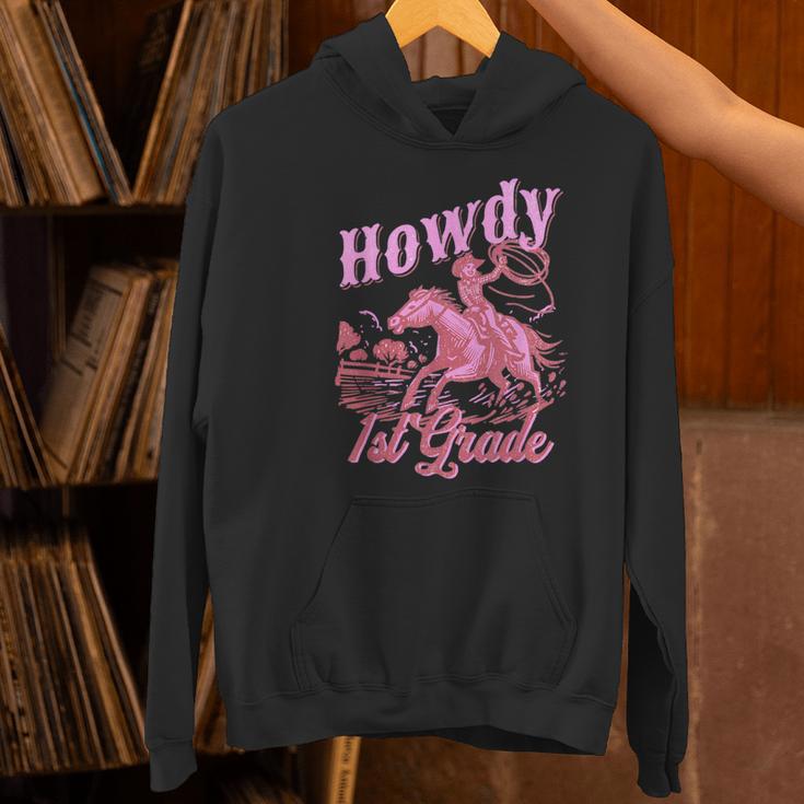 Vintage Howdy First Grade Cowgirl Teacher Western School Women's Hoodie, First Grade Teacher Hoodies, gift for family, gift for coworker