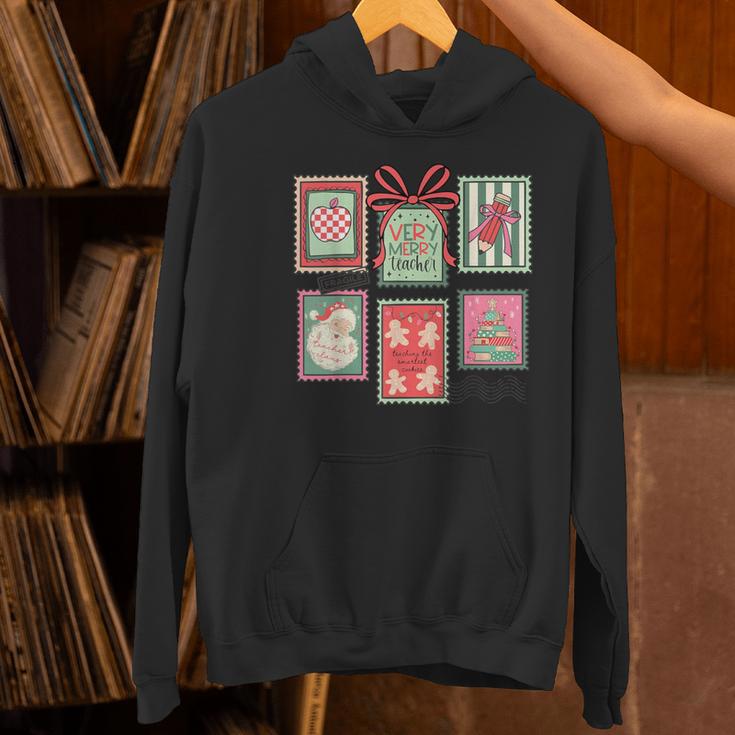 Vintage Preppy Very Merry Teacher Santa Stamps Christmas Women's Hoodie, gift for family, gift for coworker