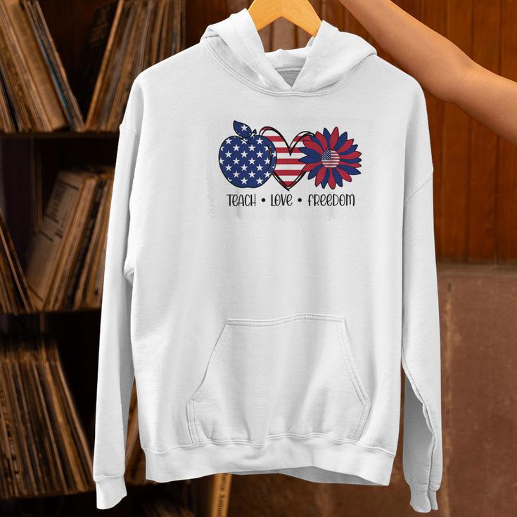 American Flag Teach Love Freedom Preschool Teacher 4th July Women's Hoodie, gift for family, gift for coworker