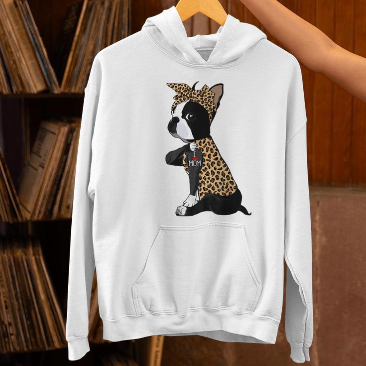 Boston Terrier Lover I Love Mom Tattoo Leopard Women's Hoodie, Boston Terrier Mom Hoodies, gift for family, gift for coworker