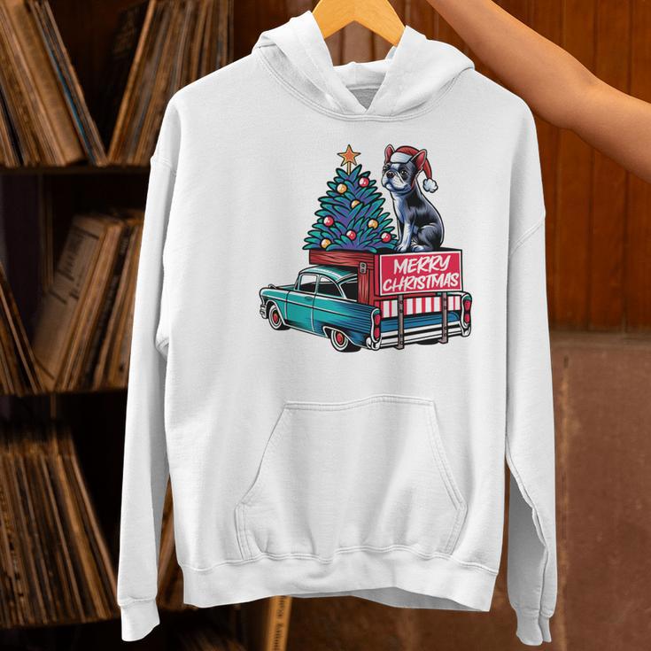 Boston Terrier Merry Christmas Tree Truck Santa Dog X-Mas Women's Hoodie, Boston Terrier Christmas Hoodies, gift for family, gift for coworker