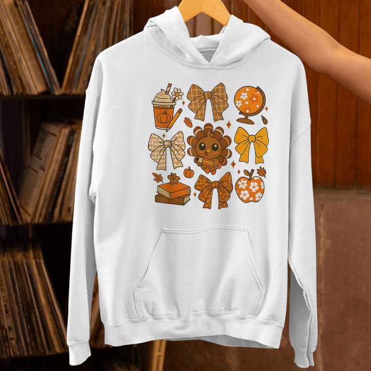 Coquette Teach Teacher Bows Thanksgiving Turkey Fall Autumn Women's Hoodie, gift for family, gift for coworker
