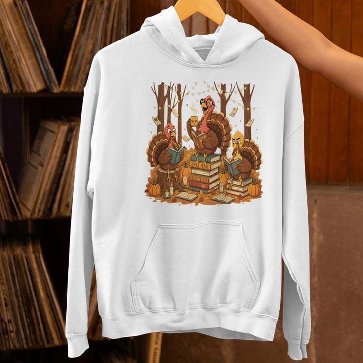 Librarian Turkey Reading Book Fall Thanksgiving Teacher Book Women's Hoodie, gift for family, gift for coworker