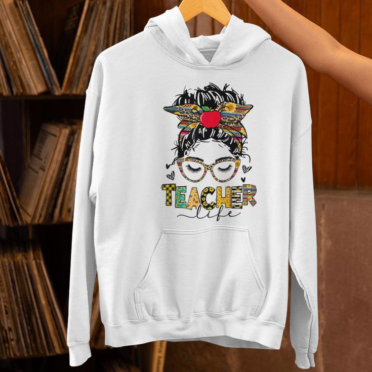 Teacher Life Messy Bun Glasses Leopard Sunflower Women's Hoodie, gift for family, gift for coworker