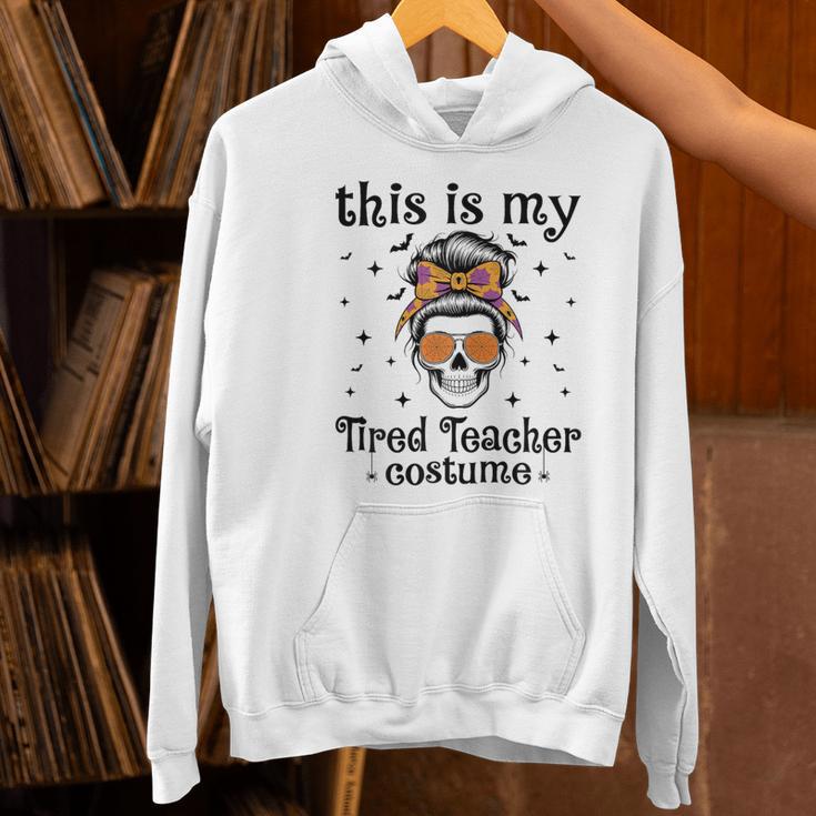 This Is My Tired Teacher Costume Skull Halloween Messy Bun Women's Hoodie, gift for family, gift for coworker