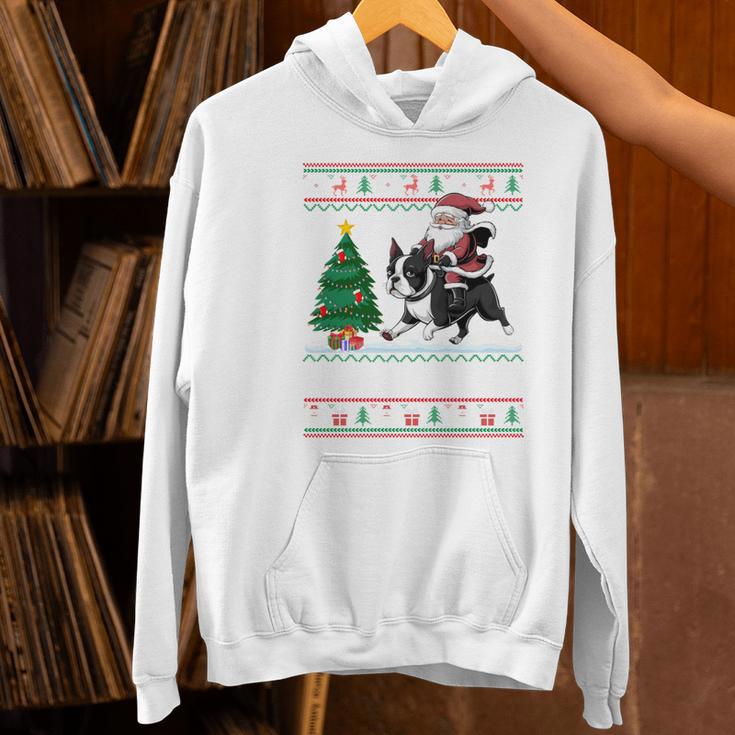 Xmas Tree Lighting Santa Riding Boston Terrier Christmas Women's Hoodie, Boston Terrier Riding Hoodies, Boston Terrier Christmas Hoodies, gift for family, gift for coworker