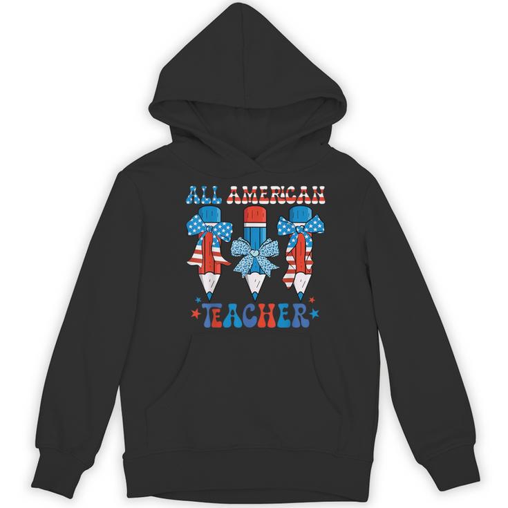 All American Teacher Pencil Coquette Bow USA Flag Teachers Women's Hoodie, novelty gifts, funny gifts