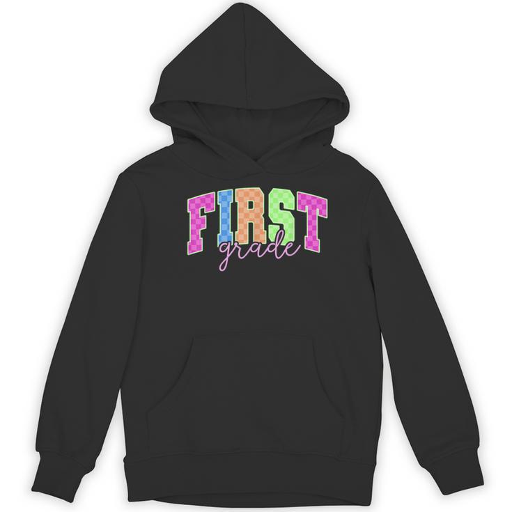 Back To School Neon Checkered First Grade Colorful Teacher Women's Hoodie, novelty gifts, funny gifts