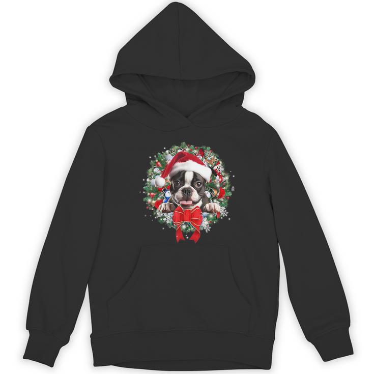 Boston Terrier Christmas Wreath Decoration Xmas Pajamas Women's Hoodie, novelty gifts, funny gifts