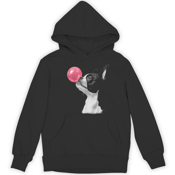 Boston Terrier Dog Blowing Chewing Bubble Gum Pink Women's Hoodie, novelty gifts, funny gifts