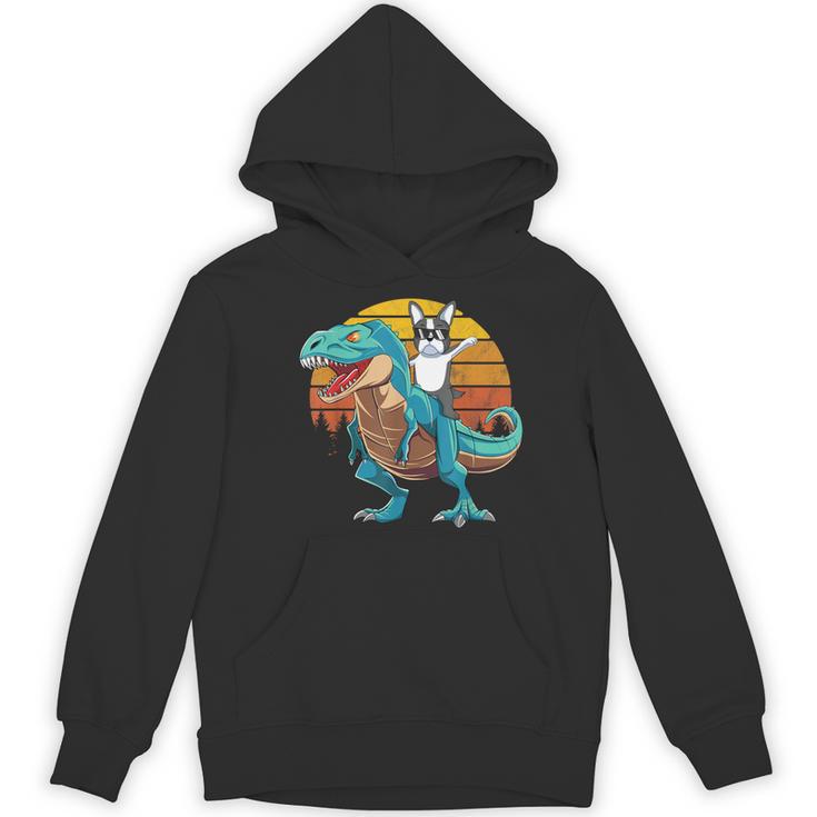 Boston Terrier Dog Riding Dinosaur T Rex Boys Women's Hoodie, novelty gifts, funny gifts