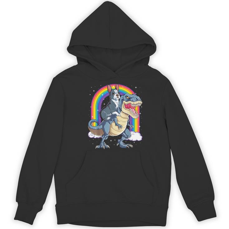 Boston Terrier Riding Dinosaur T-Rex Boys Kids Rainbow Women's Hoodie, novelty gifts, funny gifts