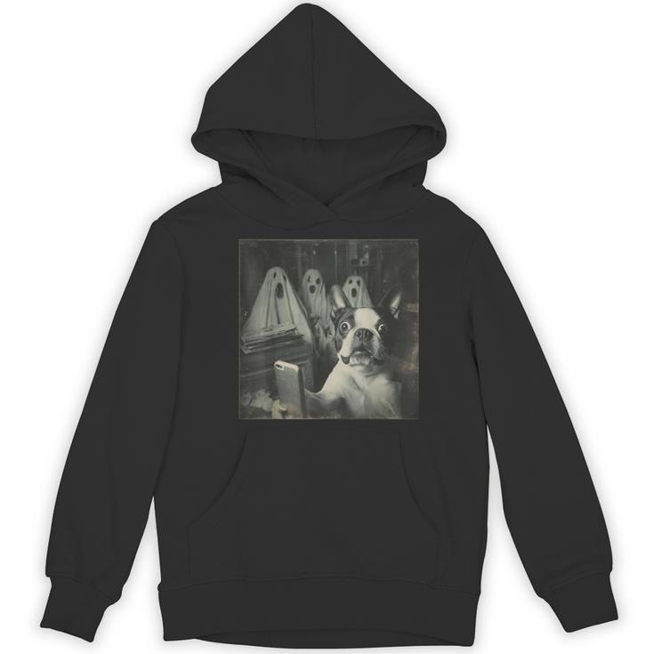 Boston Terrier Selfie With Ghosts Halloween Dog Lover Women's Hoodie, novelty gifts, funny gifts