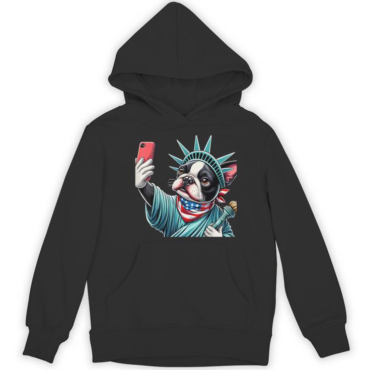 Boston Terrier Selfie Statue Of Liberty 4th Of July American Women's Hoodie, novelty gifts, funny gifts