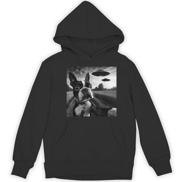 Boston Terrier Graphic Selfie With UFOs Weird Aliens Women's Hoodie, novelty gifts, funny gifts