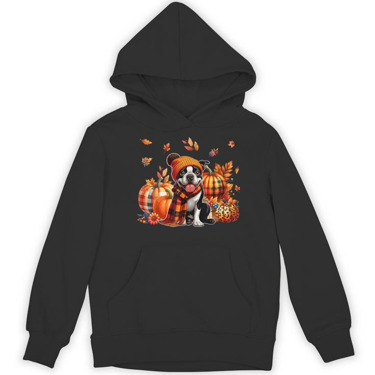 Boston Terrier Thanksgiving Leopard Pumpkins Fall Leaves Women's Hoodie, novelty gifts, funny gifts