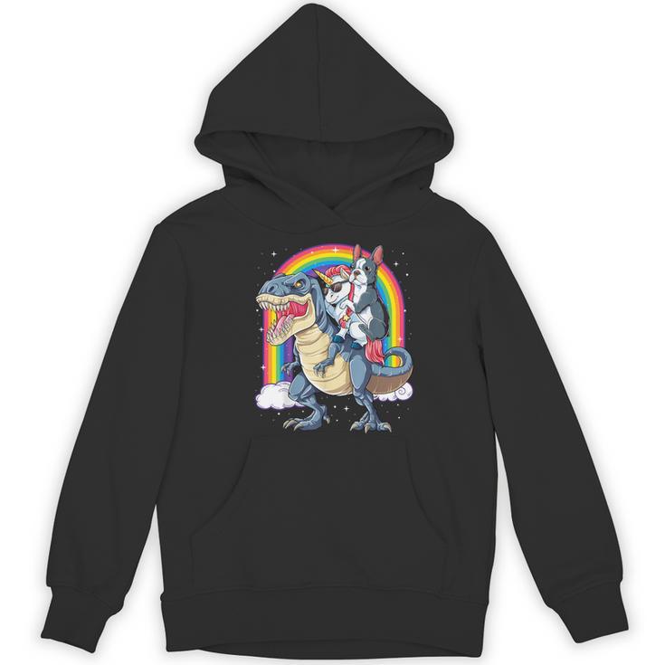 Boston Terrier Unicorn Riding Dinosaur T-Rex Girls Rainbow Women's Hoodie, novelty gifts, funny gifts
