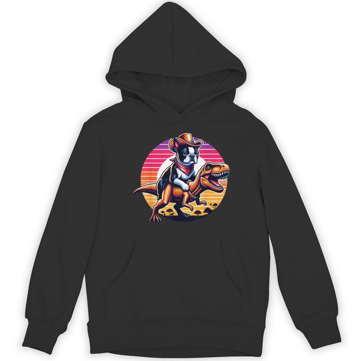 Boston Terrier Wearing A Cowboy Hat On T-Rex Women's Hoodie, novelty gifts, funny gifts