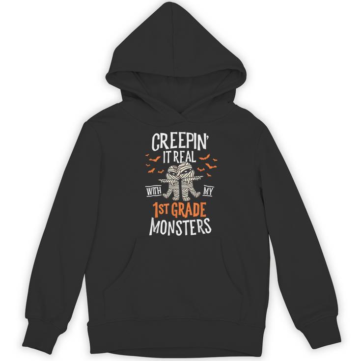 Creepin It Real With My 1st Grade Monsters Halloween Teacher Women's Hoodie, novelty gifts, funny gifts