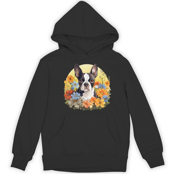 Cute Boston Terrier Spring Flower Garden Colorful Puppy Dog Women's Hoodie, novelty gifts, funny gifts