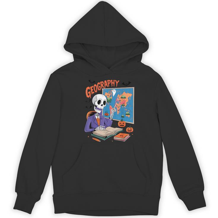 Halloween Skeleton Geography Teacher Pumpkin Bats Classroom Women's Hoodie, novelty gifts, funny gifts
