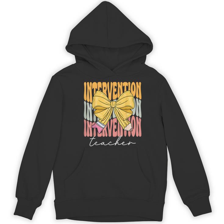 Interventionist Teacher Groovy Coquette Bow Back To School Women's Hoodie, novelty gifts, funny gifts Interventionist Teacher Groovy Coquette Bow Back To School Women's Hoodie, novelty gifts, funny gifts