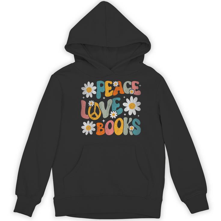 Peace Love Books Bookworm Librarian Reading Teacher Groovy Women's Hoodie, novelty gifts, funny gifts