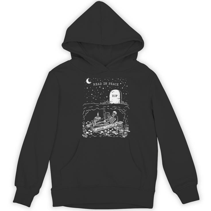 Read In Peace Skeleton Halloween Book Reading Spooky Teacher Women's Hoodie, novelty gifts, funny gifts