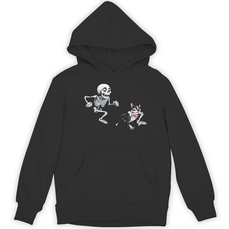 Skeleton Chasing Dog Boston Terrier Halloween Pet Lover Women's Hoodie, novelty gifts, funny gifts