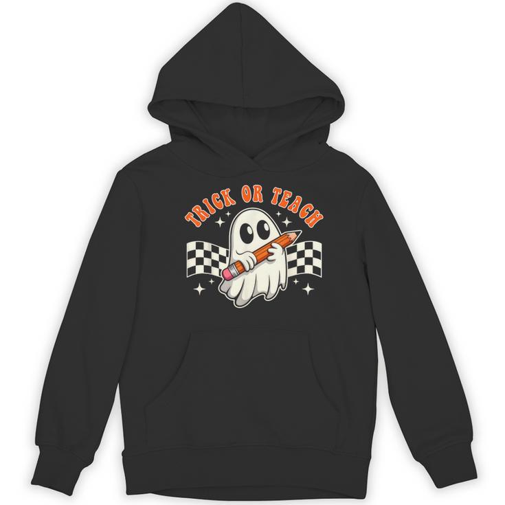Trick Or Teach Groovy Retro Ghost Halloween Teacher Kids Women's Hoodie, novelty gifts, funny gifts