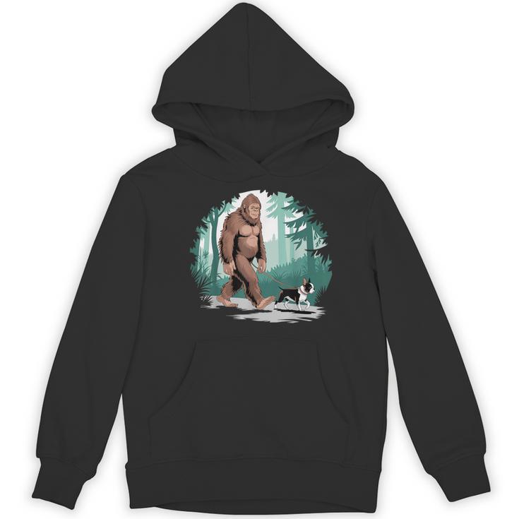 Whimsical Forest Adventures Sasquatch Bigfoot Walking Boston Terrier Dog Lovers Women's Hoodie, novelty gifts, funny gifts