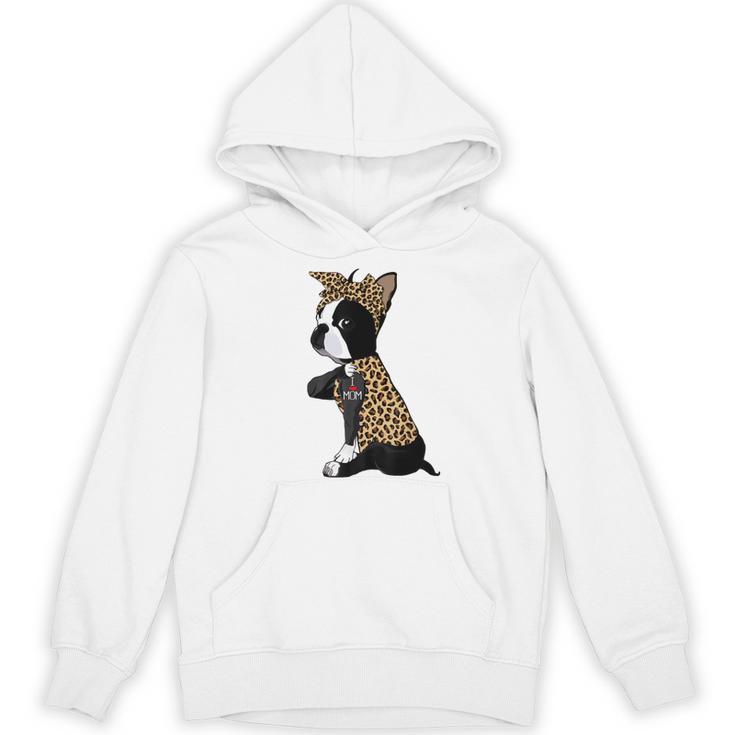 Boston Terrier Lover I Love Mom Tattoo Leopard Women's Hoodie, novelty gifts, funny gifts