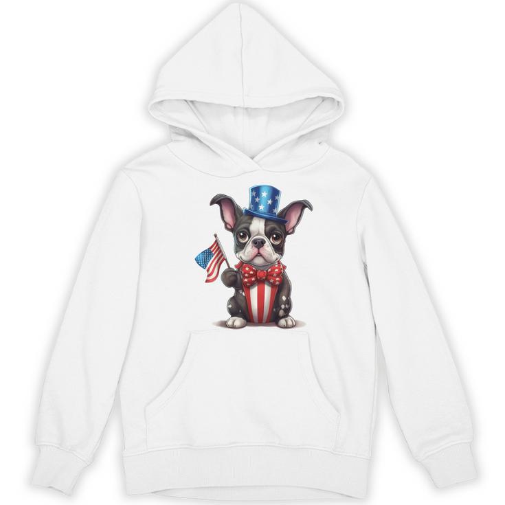 Boston Terrier Puppy Dog Holds His American Flag 4th Of July Women's Hoodie, novelty gifts, funny gifts