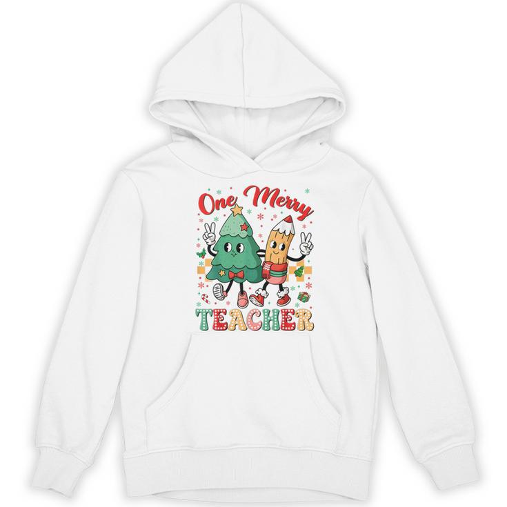 One Merry Teacher Groovy Christmas Tree Pjs Xmas Teacher Women's Hoodie, novelty gifts, funny gifts