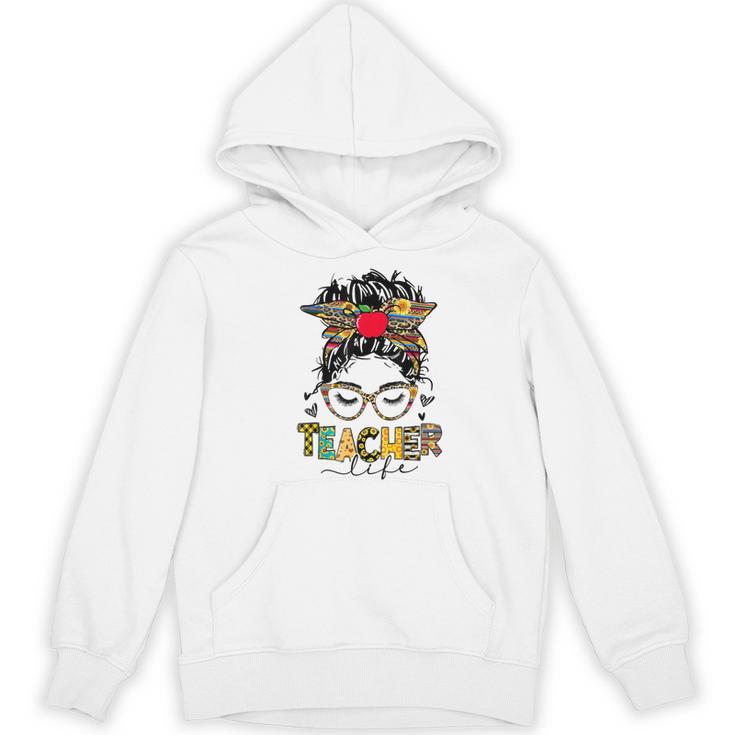 Teacher Life Messy Bun Glasses Leopard Sunflower Women's Hoodie, novelty gifts, funny gifts