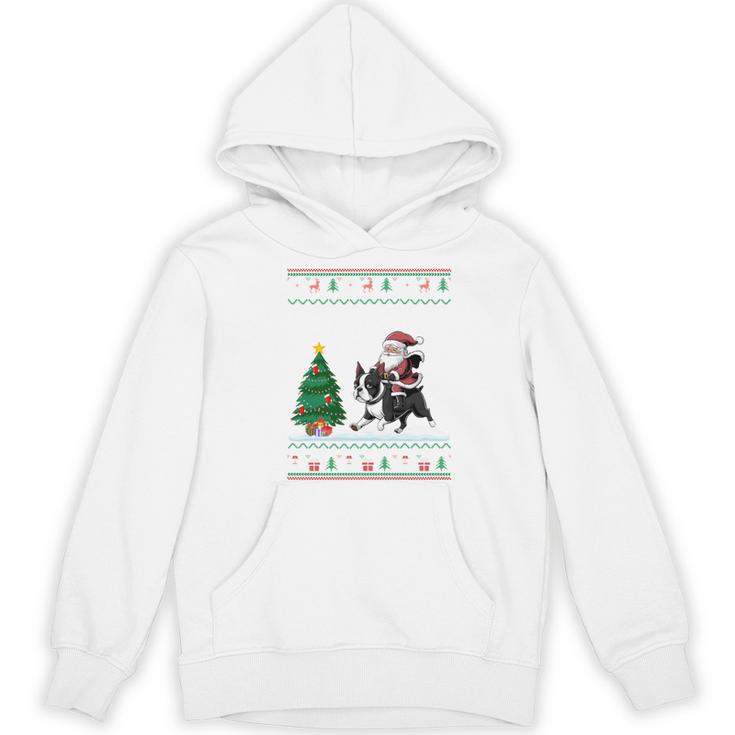 Ugly Christmas Tree Lights Xmas Santa Riding Boston Terrier Women's Hoodie, novelty gifts, funny gifts