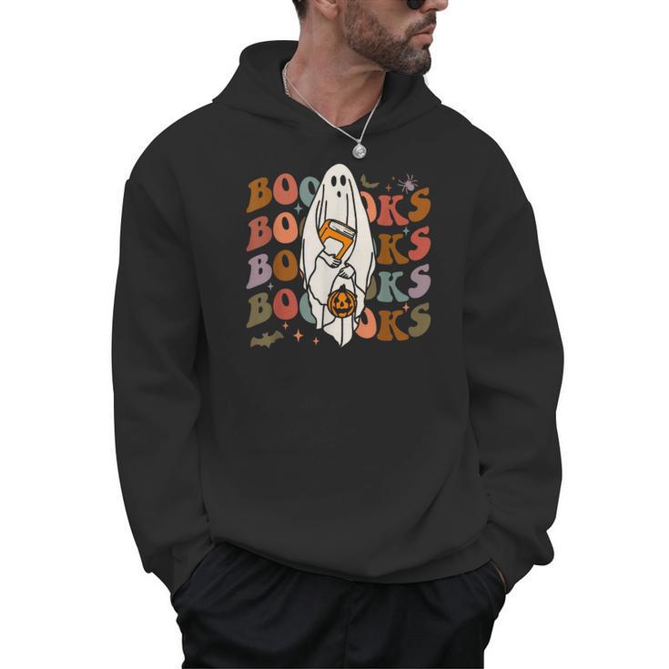 Booooks Ghost Halloween Groovy Vintage Teacher Book Reading Men Hoodie