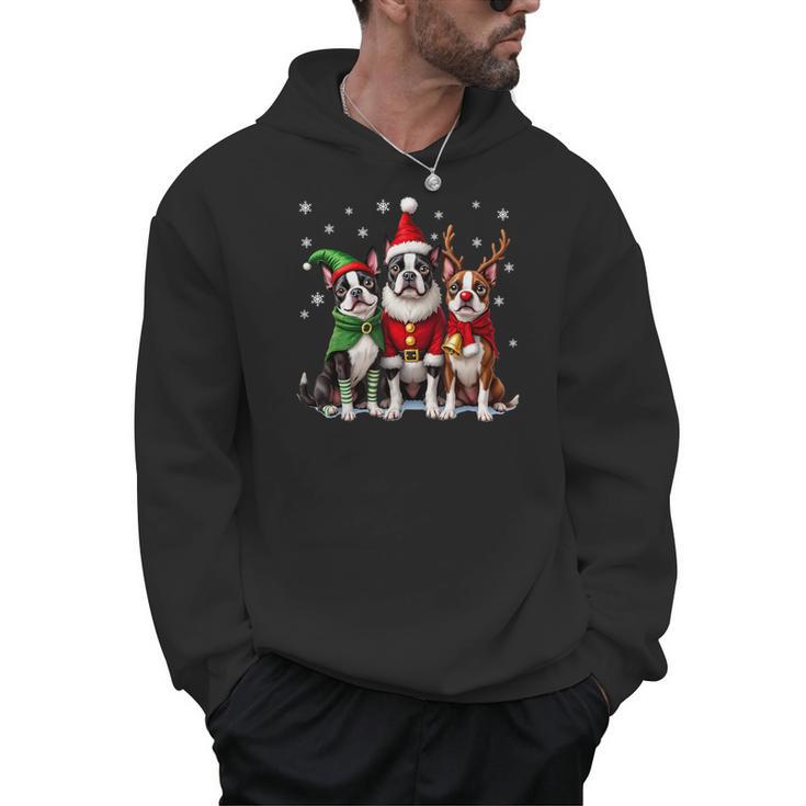 Boston Terrier Christmas Dogs Santa Reindeer Elf Men Hoodie