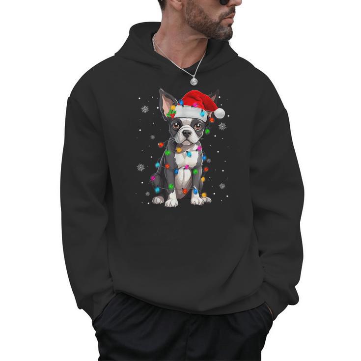 Boston Terrier Christmas Santa Hat Tree Lights Pajama Men Hoodie
