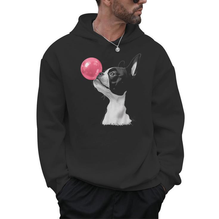 Boston Terrier Dog Blowing Chewing Bubble Gum Pink Men Hoodie