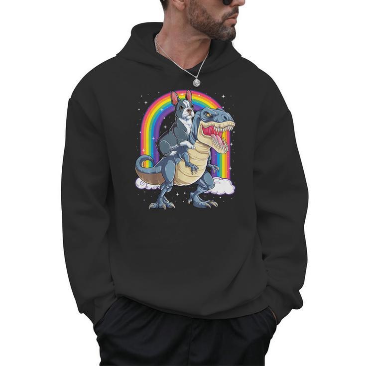 Boston Terrier Riding Dinosaur T-Rex Boys Kids Rainbow Men Hoodie, Boston Terrier Riding Gifts, trending gift