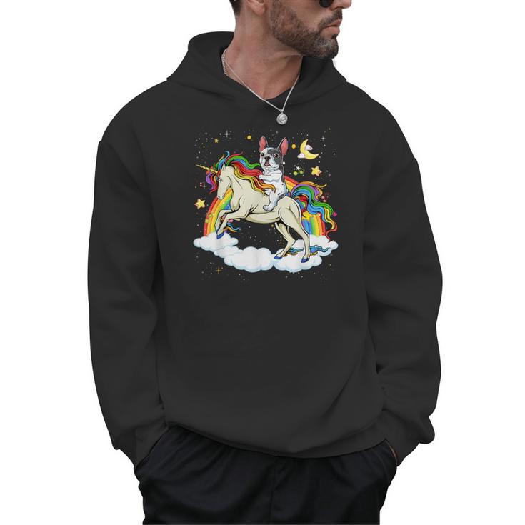 Boston Terrier Riding Unicorn Boys Girls Kids Rainbow Men Hoodie