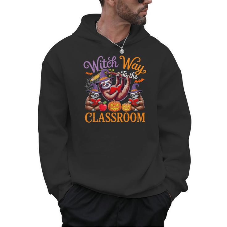 Way To Classroom Halloween Witch Three Cute Sloths Teacher Men Hoodie